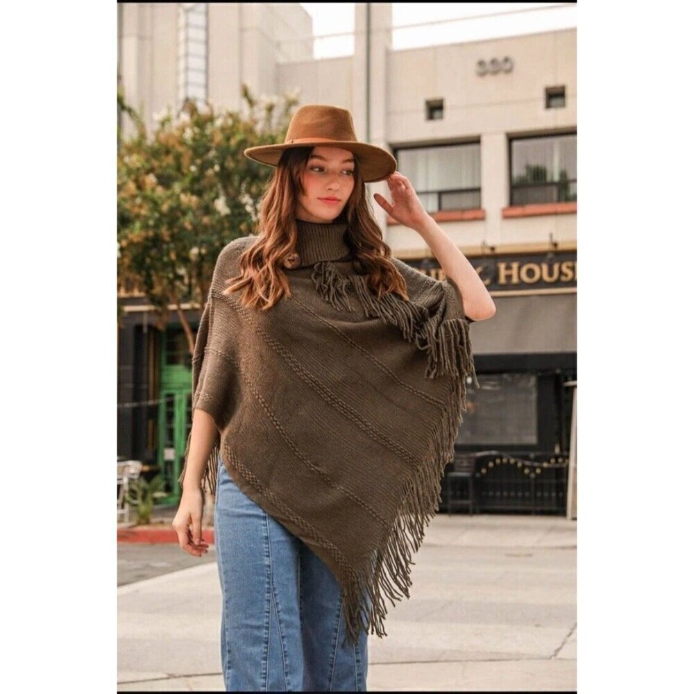Leto Collection Fringe Poncho Wrap Olive Green One Size Bohemian Boho Hippie - Picture 2 of 13